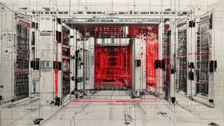 Drawing of a server hall seen head on, its central bay lit in red, with cabinets and cable lines on both sides