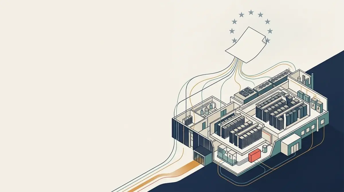 Illustration: a cutaway data centre whose energy, water and waste-heat flows rise as coloured lines into a single report sheet, framed by a ring of EU stars.