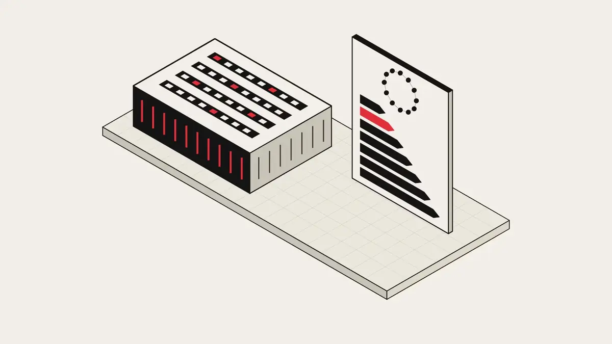 Isometric drawing of a data-centre hall beside a standing rating board with seven graded bars, one highlighted in red, under a ring of twelve dots.